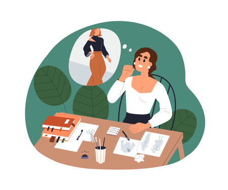 Fashion designer drawing sketches of clothes. Creative work of designing new collection of garments. Woman creating apparel. Creation process. Flat vector illustration isolated on white backgroundのイラスト素材