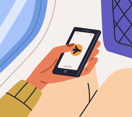 Turning on and off airplane flight mode of mobile phone for safety in air plane. Passengers hand using smartphone onboard, in aircraft during taking off and landing. Flat vector illustrationのイラスト素材