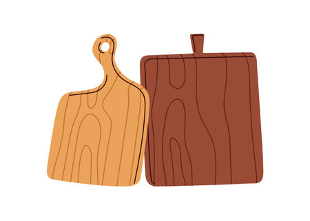 Cutting boards from wood. Rustic brown kitchen utensil for chopping. Clean wooden cooking kitchenware of different shape. Flat vector illustration isolated on white backgroundのイラスト素材