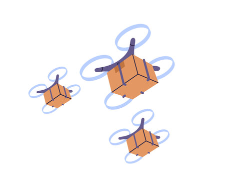 Drone delivery. Copter flying, delivering cargo, boxes, cardboard packages, parcels by air. Automated aerial robots, UAV with goods, post, mail. Flat vector illustration isolated on white backgroundのイラスト素材