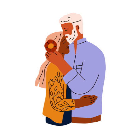 Senior love couple in romantic relationship. Elderly man and woman hugging with tenderness. Family of old age. Happy elder valentines, lovers. Flat vector illustration isolated on white backgroundのイラスト素材