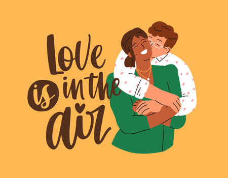 Valentine day postcard design with family couple and romantic phrase, quote. Love holiday card template, background, happy interracial man and woman hugging on 14 February. Flat vector illustrationのイラスト素材