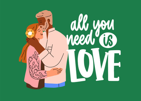 14 February greeting card with All You Need Is Love quote, phrase. Valentine Day holiday postcard design, background with mature romantic couple, biracial man and woman. Flat vector illustrationのイラスト素材