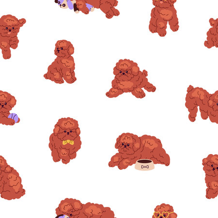 Cute Toy Poodle pattern. Seamless background with funny little baby dog, pup, repeating canine print. Happy small puppies, endless texture for textile, fabric. Childish flat vector illustrationのイラスト素材