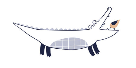 Cute bird brushing, cleaning teeth for funny crocodile with open mouth. Childish Scandinavian wild animals. Adorable Scandi characters. Kids flat vector illustration isolated on white backgroundのイラスト素材