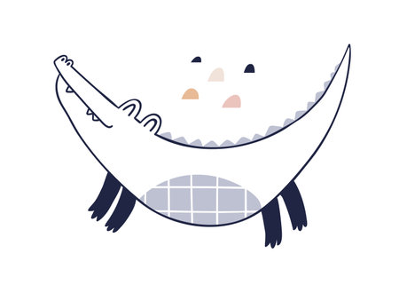 Cute Scandinavian crocodile. Funny baby animal in Scandi Nordic style. Kids alligator, amusing happy croc character. Tropical reptilian. Childish flat vector illustration isolated on white backgroundのイラスト素材