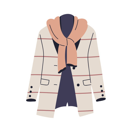 Casual fashion blazer and scarf. Stylish jacket, garment and accessory. Modern apparel, women clothes. Unbuttoned wearing. Flat vector illustration isolated on white backgroundのイラスト素材