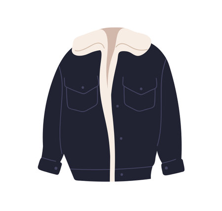 Modern warm jacket, winter and fall clothes with fur lining. Unisex garment, casual wearing, trendy outerwear for cold weather, season. Flat vector illustration isolated on white backgroundのイラスト素材