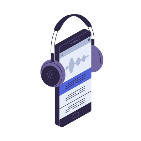 Headphones on phone for listening music, podcast. Mobile audio app on smartphone screen, display. Audiobook, player application, wireless headset. Flat vector illustration isolated on white backgroundのイラスト素材