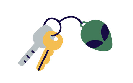 Door keys hanging on ring with trinket. Keyring with funny alien keychain, pendant. Home, room and office access, locking, unlocking item. Flat vector illustration isolated on white backgroundのイラスト素材