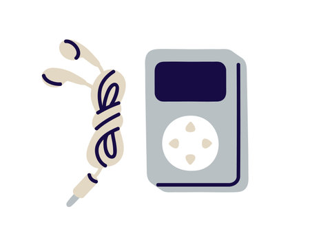 MP3 player, earphones. Portable mobile mini device for listening to music, audio, radio, song. Digital stereo sound gadget, ear phones. Flat vector illustration isolated on white backgroundのイラスト素材