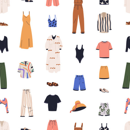 Summer clothes pattern. Seamless background, casual women garments. Modern apparels, dress, pants, hat, shoes, swimsuit repeating print. Texture design with female wardrobe. Flat vector illustrationのイラスト素材