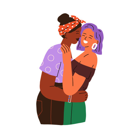 Lesbian love couple. Happy girls laughing, kissing, hugging. LGBT women in romantic relationship. Modern biracial female valentines. Flat graphic vector illustration isolated on white backgroundのイラスト素材