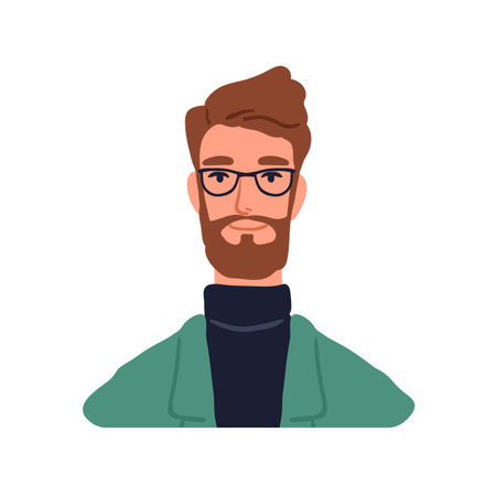 Young businessman, face head portrait. Business man in eye glasses. Bearded male character in eyeglasses. Modern smart office worker, expert. Flat vector illustration isolated on white backgroundのイラスト素材