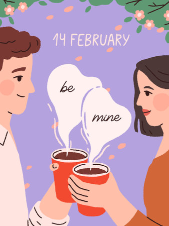 Saint Valentines day greeting card design. Romantic postcard for 14 February holiday, happy enamored couple with coffee cups, man confessing love, fondness, Be Mine phrase. Flat vector illustrationのイラスト素材