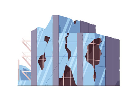 Broken destroyed modern house building with damaged cracked glass walls, window debris. Demolished ruined wrecked construction facade, exterior. Flat vector illustration isolated on white backgroundのイラスト素材