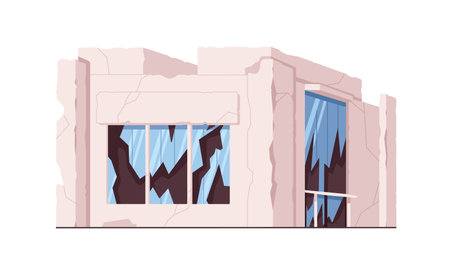 Broken damaged building with destroyed cracked walls, smashed wrecked windows, glass door. Construction destruction. Ruined house facade. Flat vector illustration isolated on white backgroundのイラスト素材