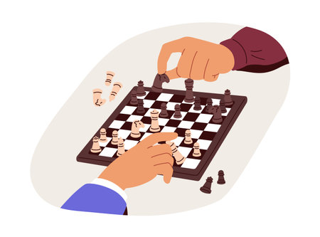 Hands playing strategy game at chess board. Players at chessboard tournament, moving pieces. Strategic decisions in business and politics concept. Flat vector illustration isolated on white backgroundのイラスト素材