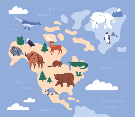 Animals of North America. Cute wild mammals, fauna on Northern American map. Wildlife, habitats on land and sea, ocean. Polar bear, bison, eagle and crocodile. Childish flat vector illustrationのイラスト素材
