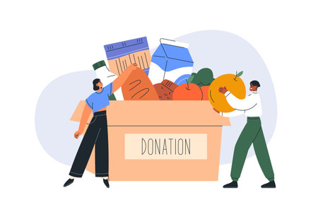 Food donation concept. Volunteers donating charity box, grocery products. Humanitarian help, charitable voluntary aid for hungry people. Flat vector illustration isolated on white backgroundのイラスト素材