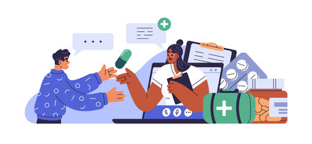 Online pharmacy, medicine prescription, medical pharmaceutical help concept. Internet communication with pharmacist in virtual drug store. Flat graphic vector illustration isolated on white backgroundのイラスト素材