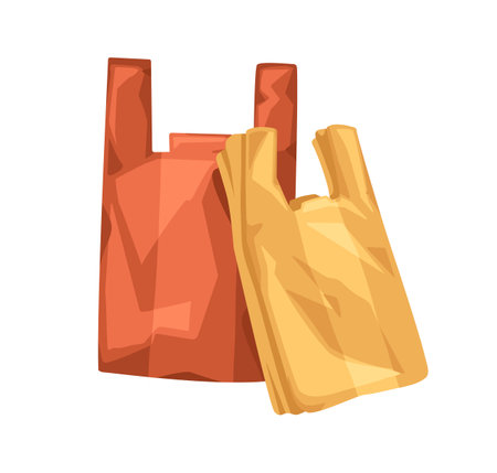 Polyethylene plastic bags. New folded cellophane polythene grocery shopping packages. Clean disposable packs with handles for food, garbage. Flat vector illustration isolated on white backgroundのイラスト素材