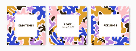 Square cards with abstract shapes frame. Postcards backgrounds set. Modern minimalist backdrops...