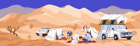 Camping in hot desert. Sand landscape panorama with tourists and arab bedoin. People group at picnic during Arabian nature adventure with tents and cars on summer holiday. Flat vector illustrationのイラスト素材