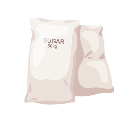 Sugar bags, big wholesale packages. Sweet beet ingredient packed in 50 kg industry sack. Beetroot sweetener bulk. Flat vector illustration isolated on white backgroundのイラスト素材