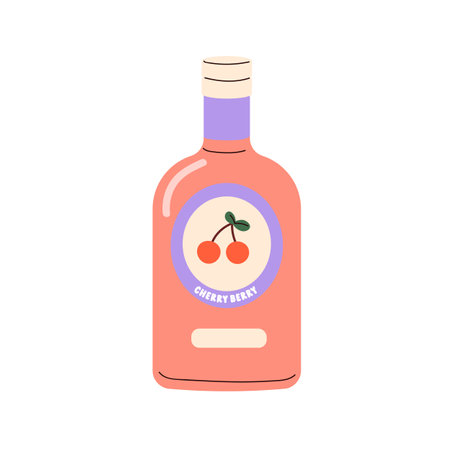Juice drink in glass bottle. Cold fruit lemonade, summer refreshment. Fresh cherry berry flavored beverage, sweet juicy natural cocktail. Flat vector illustration isolated on white backgroundのイラスト素材