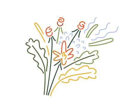 Spring lineart flowers. Blossomed floral bunch. Romantic gift, blooming wildflowers, delicate gentle plants, petals, leaves. Modern flat graphic vector illustration isolated on white backgroundのイラスト素材