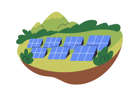 Solar panels, sustainable electric batteries, sun energy glass cells in nature. Green sustainable...