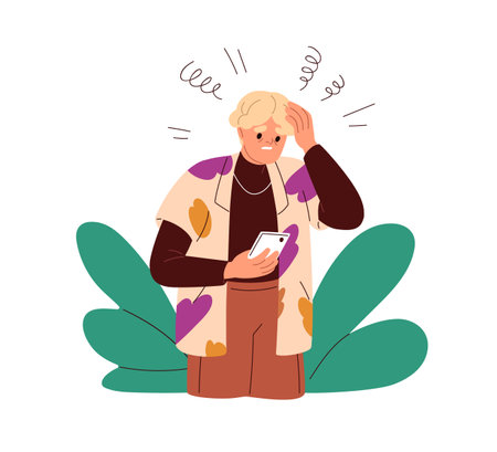 Anxious stressed person reading bad news online with mobile phone. Sad worried character looking negative information at smartphone. Flat graphic vector illustration isolated on white backgroundのイラスト素材