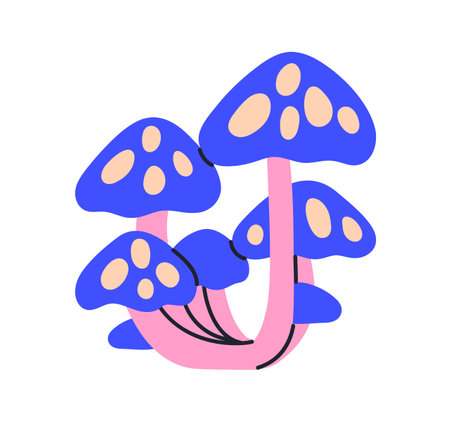 Magic fairy tale mushrooms cluster. Fantasy fairytale fiction fungi with spotty caps. Psychedelic hallucinogenic mystic fungus, poisonous plant. Flat vector illustration isolated on white backgroundのイラスト素材