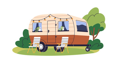 Caravan, camper trailer for summer holiday travel, camping in campervan. RV, recreational vehicle, van, home on wheels and chairs in nature. Flat vector illustration isolated on white backgroundのイラスト素材
