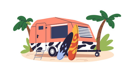 Caravan, camper car, trailer with surfboards. Summer travel van, holiday campervan with surf boards at seaside. RV for surfers vacation. Flat vector illustration isolated on white backgroundのイラスト素材
