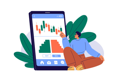 Investing in stock market, trading online with mobile phone app. Person analyzing investment candlesticks, candle bars graph, chart. Flat graphic vector illustration isolated on white backgroundのイラスト素材