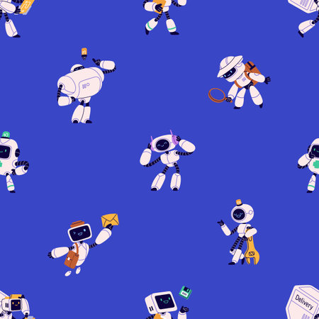 Cute robots, seamless kids pattern. Android characters, endless background. Retro-styled bots, funny futuristic machines, repeating print. Childish flat vector illustration for fabric, textileのイラスト素材