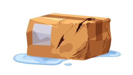 Damaged wet cardboard box, wrinkled parcel. Soaked package, violation of integrity. Rumpled spoiled post order in water puddle. Flat cartoon graphic vector illustration isolated on white backgroundのイラスト素材