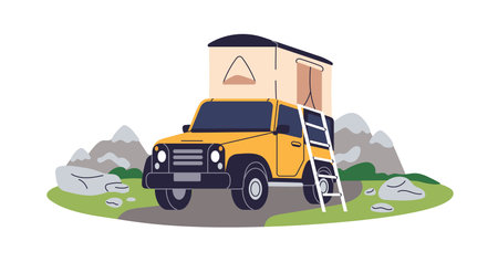 Rooftop tent on SUV car. Vehicle with roof-top camping and ladder. Auto travel, nature adventure with holiday mobile home, touristic equipment. Flat vector illustration isolated on white backgroundのイラスト素材