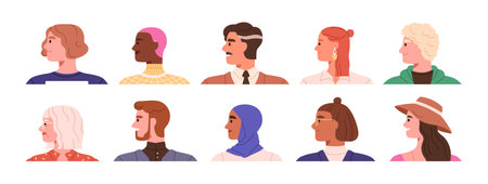 People faces profiles set. Diverse happy men and women head portraits, side view. Human characters...