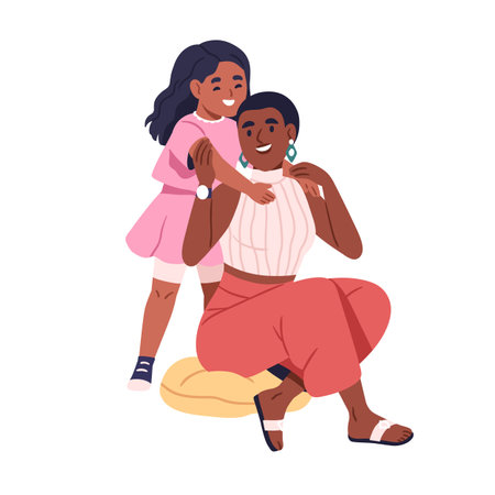 Mom and daughter hugging. Happy African-American mother and little girl. Black woman and kid. Child embracing parent with support, love, care. Flat vector illustration isolated on white backgroundのイラスト素材