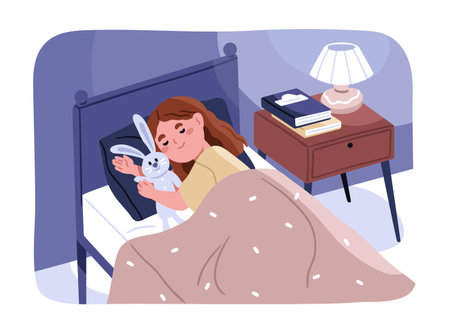 Cute child sleeping with plush toy in bed. Happy calm kid dreaming in bedroom at night. Smiling sleepy girl lying, relaxing on pillow under cozy blanket, hugging bunny. Flat vector illustrationのイラスト素材