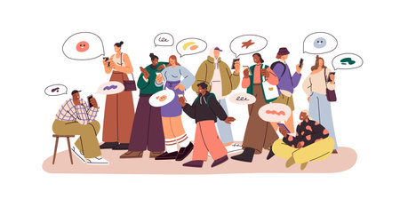 People with phones, chatting online in social media. Crowd using smartphones for internet...