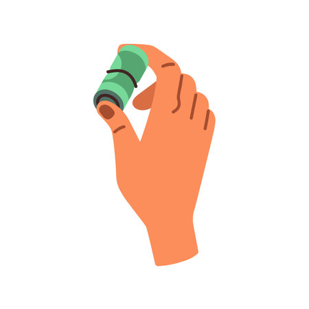 Hand holding money, rolled dollar banknotes. Financial concept. Squeezing cash, currency, paper bank notes between fingers. Finance savings. Flat vector illustration isolated on white backgroundのイラスト素材