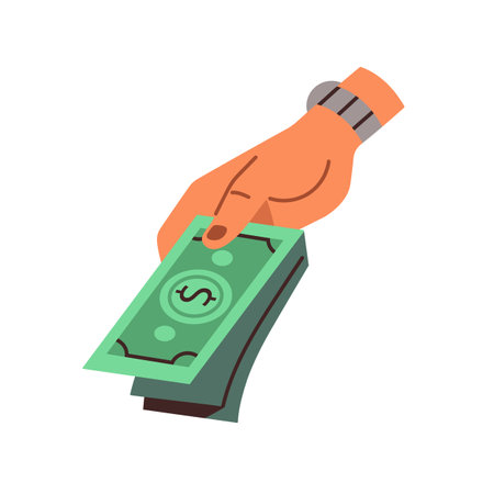 Hand paying with cash, dollar stack. Holding banknotes, giving currency, american USD bank notes bills. Payment, finance, wealth concept. Flat vector illustration isolated on white backgroundのイラスト素材