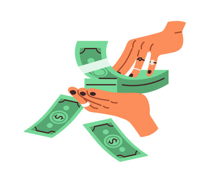Spending, throwing, wasting money. Rich wealthy hands holding lot of stacked banknotes, dollars cash, squandering. Wealth and costs concept. Flat vector illustration isolated on white backgroundのイラスト素材