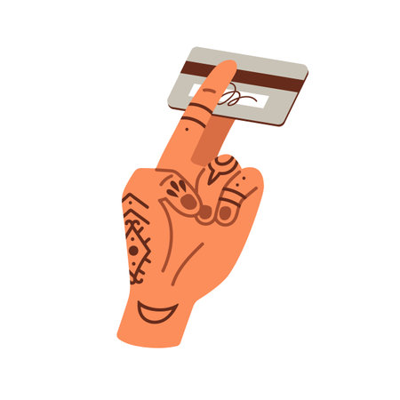 Hand holding bank credit card for cashless payment. Fingers squeezing plastic bankcard, paying with electronic money. Financial concept. Flat vector illustration isolated on white backgroundのイラスト素材