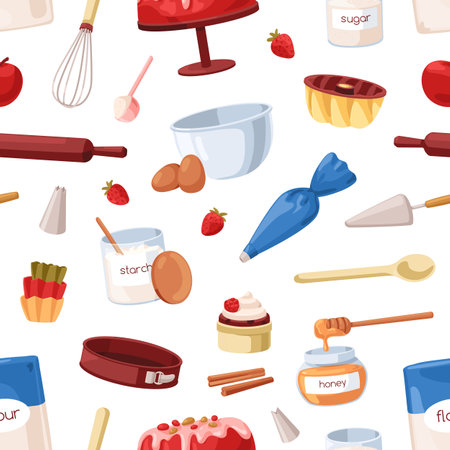 Seamless baking pattern with bakery tools, cooking utensils, confectionery ingredients. Bakers repeating print, endless culinary background for wrapping, textile. Flat cartoon vector illustrationのイラスト素材