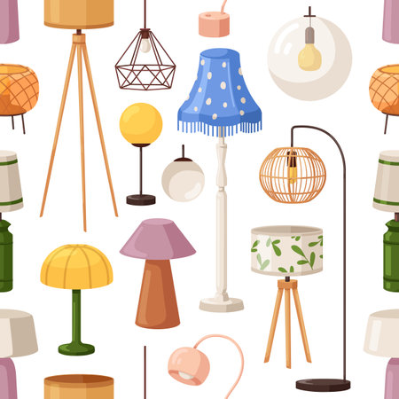 Lamps and lights, seamless pattern. Home illumination equipments, endless background, texture design. Lampshades, chandeliers, nightlights, repeating print. Colored flat cartoon vector illustrationのイラスト素材
